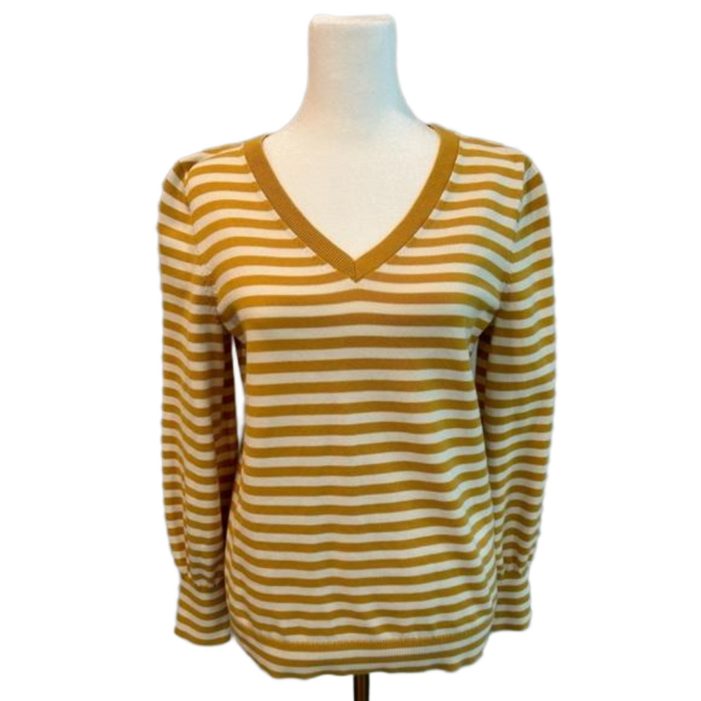 Talbots Mustard Yellow, Cream Striped V Neck Long Sleeve Sweater Size Medium